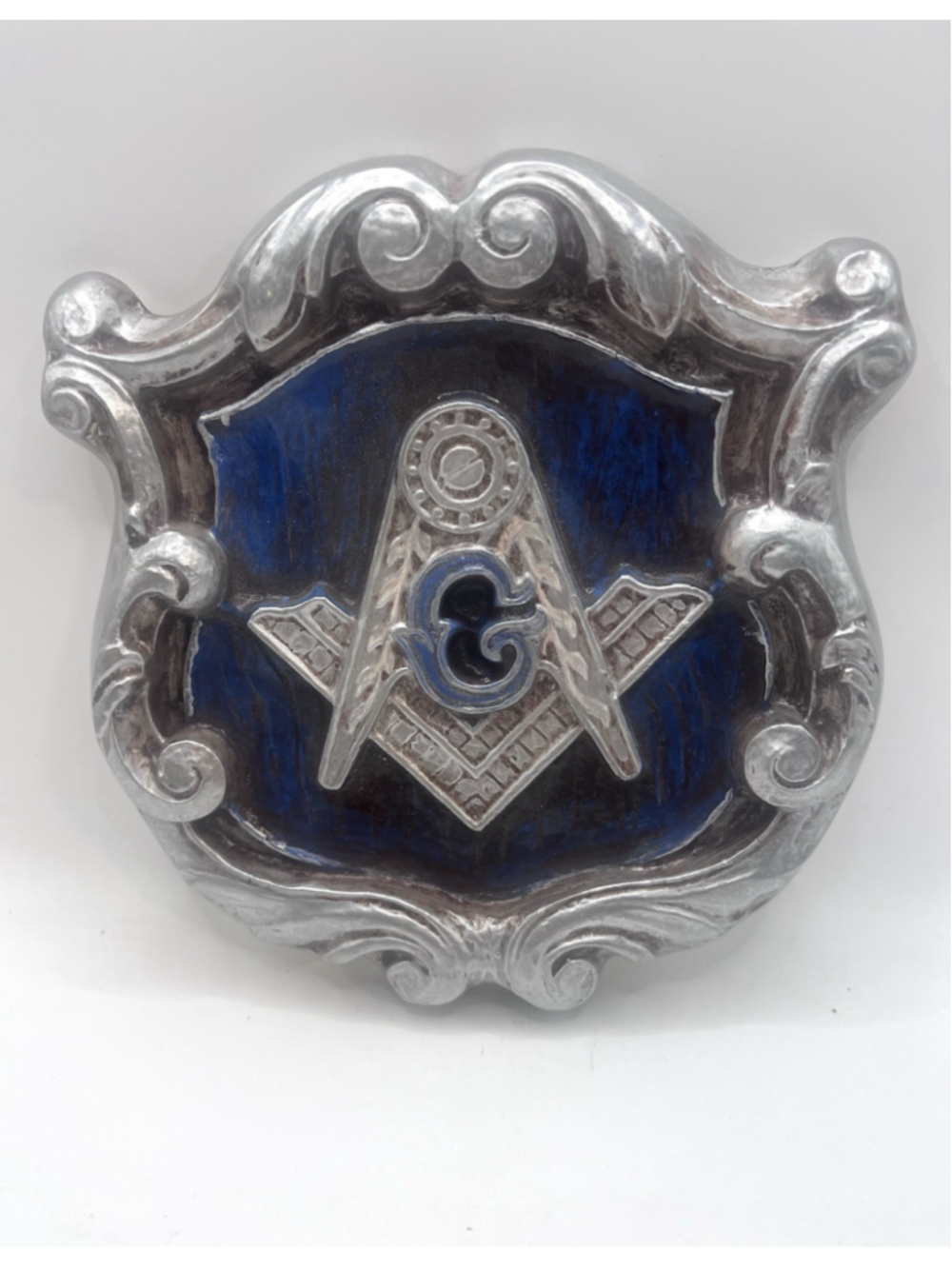 Masonic Freemason Plaque Silver Blue Square & Compass Baroque Scroll Wall Hanger